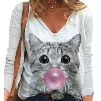 Moda balonașe Cat de Imprimare T-shirt Casual V-neck Maneca Lunga Alb Topuri Doamnelor Strada Plus Dimensiune 35% Bumbac Teuri S-3XL