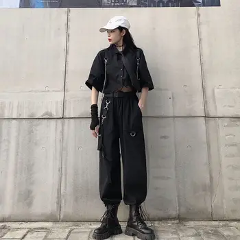 QWEEK Punk Negru Pantaloni Femei Hip Hop Liber de Înaltă Talie Pantaloni Streetwear Supradimensionate, Pantaloni Largi Picior Stil coreean Pantaloni 4xl
