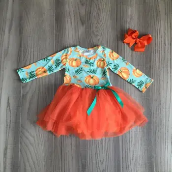 Fete pentru copii de toamna rochie pentru copii de Halloween rochie de fată portocaliu străveziu fusta fete maneca lunga dovleac rochie cu funda