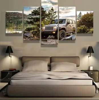 5 Bucati de Panza de Artă HD Printuri Accidentat Jeep Fush Panza Pictura Poster Acasă Decorare Arta de Perete Imaginile Pentru Camera de zi, Fara Rama