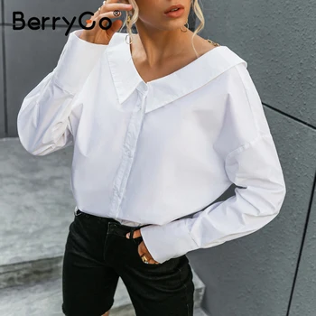 BerryGo V gât alb Backless lanț femei bluza, tricouri cu maneca Lunga botton rândul său, în jos guler topuri Elegante de primavara bluza femei