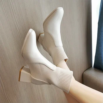 Femei Șosete Glezna Cizme Doamnelor Pantofi de Toamna Tocuri Indesata PU Alunece de Pe Deget a Subliniat Moda Confort Stretch Femeie Încălțăminte Nouă