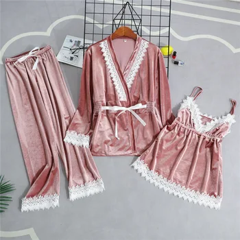 Catifea pentru Femei Haină Lungă Rochie Sexy cămașă de noapte 2 buc Casual Set de Pijamale, îmbrăcăminte de noapte de Toamnă Kimono-Halat de baie Spa Cămașă de noapte M L XL