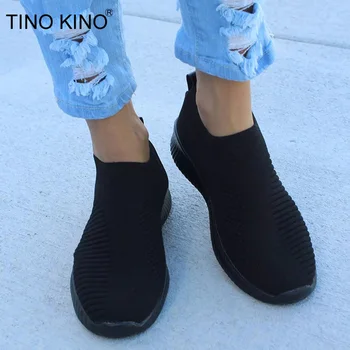 TINO KINO Femeile Plat Tricotat Toamna Adidași Pantofi Noi 2020 Plus Dimensiunea Femei Plasă de Vulcanizat Doamnelor Alunecare Pe Respirabil Casual