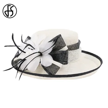 FS Alb Negru Doamnelor Biserica Pălării Femei Elegante Sinamay Palarioare Pălărie de Nunta Lenjerie de Fedora Margine Largă Florale Kentucky Derby Hat