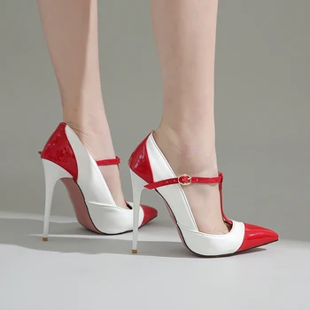 2020 Nou PU Piele Femei Pompe tacones mujer Sexy Stilet Tocuri de 12cm T-Curea Pantofi de Partid pentru Femei Femeile se Amestecă Culoare Pompe de Toc
