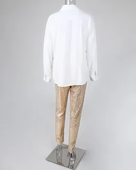 Femei De Moda Sequin Set De Două Piese Maneca Lunga Femei Topuri Si Bluze Femme Două Piese Utilaje Elastic Talie Pantaloni Lungi Seturi