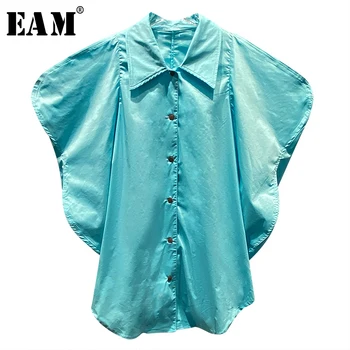 [MEM] Femei Albastru de Trei-dimensională de Mare Dimensiune Bluza Noua Rever mâneci Vrac se Potrivi Tricou Mareea Moda Primavara-Vara 2021 1X805