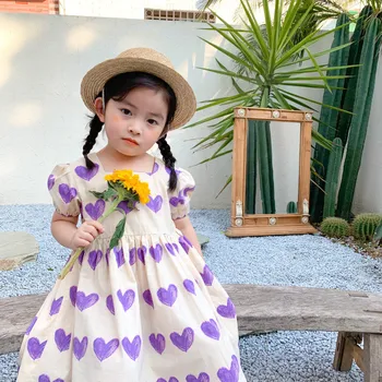 Noi de Vară 2020 Stil coreean Copilul Fetele Iubesc imprimate Dress Manșon de Puf Drăguț copii Mici copii Square Guler Rochie
