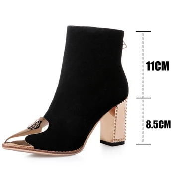 Cizme femei 2020 Glezna Cizme pentru Femei de Moda Casual Cizme de Iarna de Metal Deco Cauciuc Stol Negru cu Sireturi Toc Înalt Pantofi Doamnelor