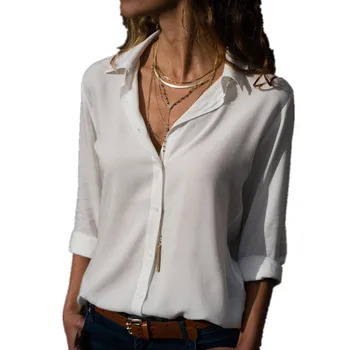 Femei Bluze Albe de Bază de Vânzare Butonul Solid 2019 Toamna cu Maneci Lungi Tricou Femei Șifon Femei Slim Îmbrăcăminte Plus Dimensiune Topuri