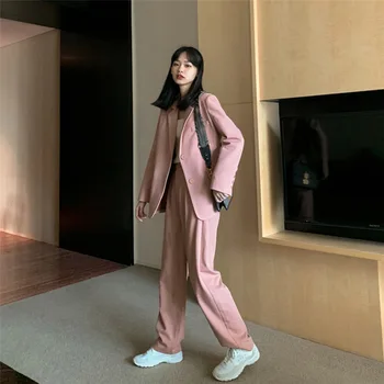 Femei Roz Set de Doua Bucati Doamnă Birou de Lucru Blazer Jacheta și Sacou Lung Pantaloni Stil coreean Toamna trajes de las mujeres