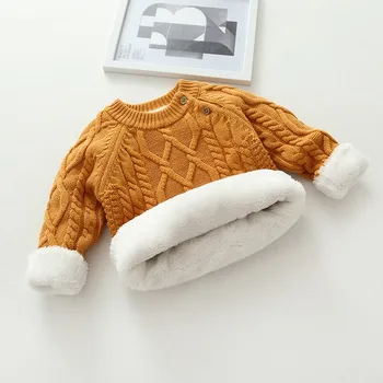 De Pluș În Interiorul Culoare Pură Iarna Pentru Copii Băiat Și Fată Copil Groase Tricotate O-Neck Shirt Solidă Pulover Cald 0-5 Ani