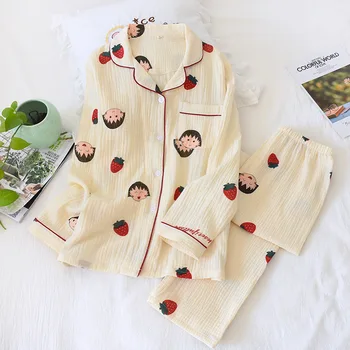 Femei Bumbac Crepe Pijama cu Maneci Lungi Pantaloni de Desene animate de Imprimare Pijama Mujer Moale si Confortabil Sleepwear Haine de Acasă 2 Bucata