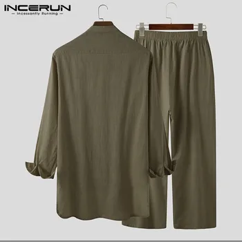 INCERUN Bărbați Seturi de Bumbac Streetwear Maneca Lunga Culoare Solidă Butonul Stand Guler Camasi Pantaloni Vintage 2021 Bărbați Musulmani Islamic Seturi