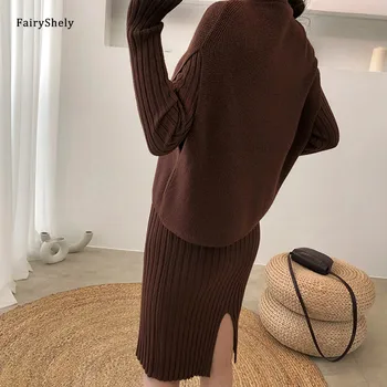 FairyShely coreean Pulover Lung Drees Costum Femei 2020 Toamna Iarna Cald pulover Pulover tricotate Drees Vesta 2 Bucata Set