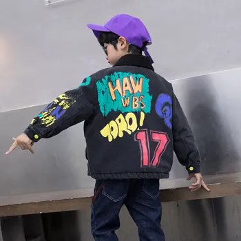 Cowboy Băieți Paltoane Toamna Iarna Haine Groase De Pluș Jachete Din Denim Culori Graffiti Copii Palton Îngroșa Moda Pentru Copii Haine
