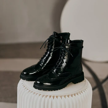 2020 iarna vintage pantofi brogue sculptate Chelsea cizme rotund toe cu toc mic martens cizme din piele ghete pentru femeie