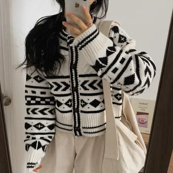 Coreeană Stil Chic Simplu All-meci Trage Cardigan Femei Top Culturilor de Toamna Iarna cu Maneca Lunga Pulover de Tricotaje, Pulover Sueter Mujer