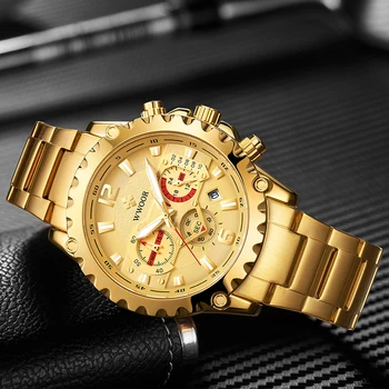 WWOOR Brand 2020 Bărbați Ceasuri Cronograf Quartz Analog Luminos de Aur din Oțel Inoxidabil de sex Masculin Încheietura Ceas de Aur Ceas de mână pentru Bărbați