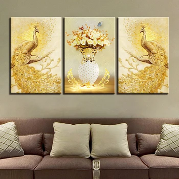 Păun de aur Cuplu Și Flori Tablouri Decor Acasă Canvas Postere 3 Bucati HD Printuri de Imagini Living Arta de Perete Cadru