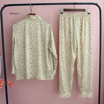 Maneca lunga Costum de Pijama pentru Femei Matase de Gheață Imprimat Leopard Pantaloni Arc Două Bucata Costum de Uzura Acasă