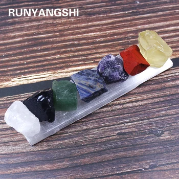 Runyangshi 7pc / set cristal natural șapte chakre Mari polizat piatră brută Sănătos energie vindeca cuarț + Gips tija de bază