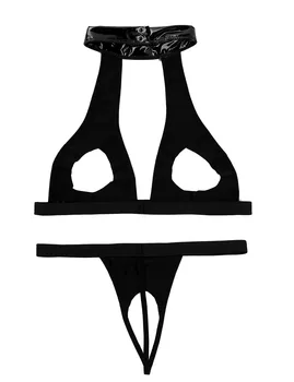 Femei Set de Lenjerie Wetlook Picioare Faux din Piele Gol Bust Deschis Sutien de Sus cu partea de jos Boxeri T-Spate Sexy Femme Lenjerie