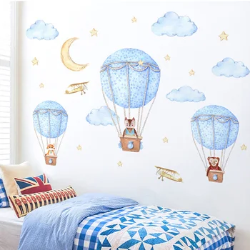Minunat desen Animat Animale Balon cu Aer Cald Autocolante de Perete Luna, Stele, Nori de Fete pentru Copii Cameră Decalcomanii
