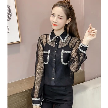 Primavara Toamna Femei Tricou Stil coreean Vezi-prin Dantela de Buzunar Bluza Vrac Noi Top Casual cu Maneci Lungi Bază Topuri LL618