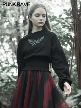 PUNK RAVE Fata de Pădure se Întind Scurt Hoodless Toamna Topuri Largi de Toamna Iarna de Imprimare Negru Tricotate Hanorac Femei Streetwear