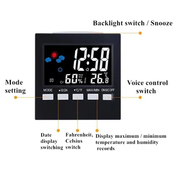 LCD Color Digital Ceas cu Alarmă de Temperatură și Umiditate de Control Vocal de Amânare Lumina de Noapte Prognoza Meteo Ecran Ceas cu LED-uri