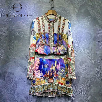 SEQINYY Vintage Set Imprimare de Flori de Vară 2020 Primăvara anului Nou Design de Moda Femei Volane Tricou + Mini ștrasuri din Mărgele Costum Fusta