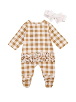 Fata Copil nou-născut 0-12M Haine în Carouri Imprimate Zburli Maneca Lunga Drăguț cu Picioare Pijamale Romper Salopeta dintr-O Bucata Costum de Haine
