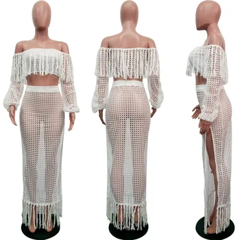 ANJAMANOR Vara 2 Bucata Set Femei Croșetat Ciucure Crop Top Maxi Fusta Sexy Plus Dimensiune Îmbrăcăminte Boho Costum de Plajă 2019 D43-AF33