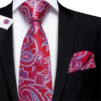 Hi-Cravată 8.5 cm Mare De Matase Paisley Bărbați Cravată Set Rosu Jacquard Batista Butoni Set de Legături Pentru Barbati Designer de Nunta Petrecere Cravata