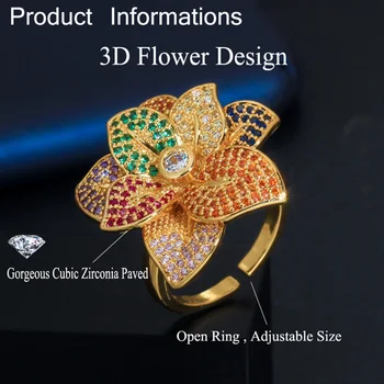 Pera Lux Design 3D Colorate CZ Pavate cu Aur Galben Reglabil Deschide Mare de Flori de Nunta pentru Femei Inele Bijuterii pentru Mirese R116