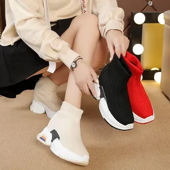 Femei Cizme Glezna 2020 Toamna High Top Adidași 8CM Pană Tocuri Platforma Cizme Slip-on Ochiurilor Talpă Groasă Pantofi de Primăvară Boot Alb