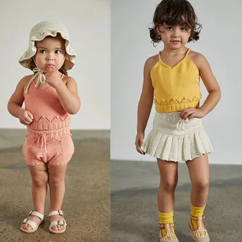 2020 SS Copii Fete de Tricotat de Vară Haine Seturi Misha Puf Copii Croșetat Sling Topuri și pantaloni bufanți Fetita Misha și Puf