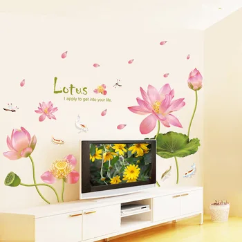 Modern, de culoare Roz Floare de Lotus Autocolante de Perete Frunze Verzi pentru Camera de zi rezistent la apa Fundal TV Artă Decalcomanii Dormitor de Mari Dimensiuni PVC