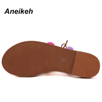 Aneikeh 2020 Sandalias Pompones piele de Căprioară Pom Pom Sandale Gladiator Femei Dantelă sus de Genunchi Ridicat Plat Sandale Femei Pantofi de Vara Maro