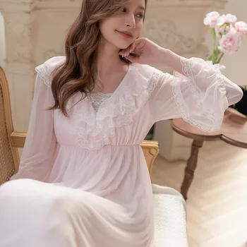 Primăvara Modal Tifon Femei Lungă Cămăși de noapte V-neck Vintage Lace Printesa de Noapte Elegant Rochie de Culoare Solidă Vrac cămășuță de Noapte