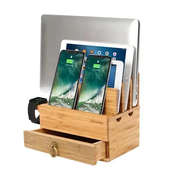 ICozzier 4 Sloturi de Îndepărtat de Bambus Ceas Stand Cu Sertar Multi-dispozitiv Stație de Încărcare pentru iWatch,Smartphone-uri,Tablete,Laptop-uri