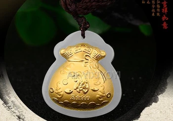 Frumos Alb Natural Hetian Jade + 18K Aur Masiv Încrustat Chinez Fu Sac de Bani Norocos Pandantiv + Liber Colier Bijuterii Fine