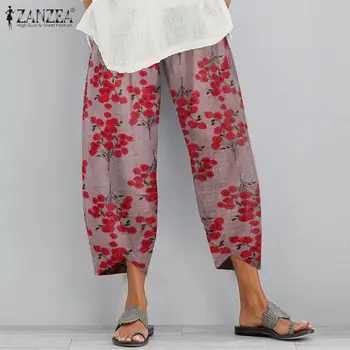 ZANZEA Vară Talie Elastic Florale Imprimate Pantaloni Casual Pantaloni Femei Largi Picior Pantaloni Harem Liber Pantalon Plus Dimensiune Streetwear