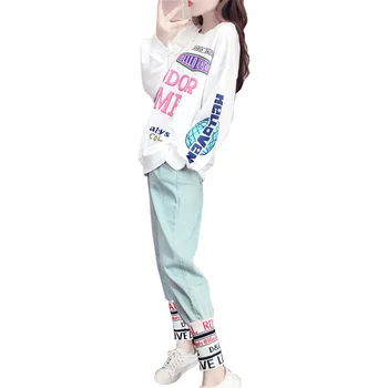 Singur/costum de sport și agrement crop top 2020 toamna noua hip-hop-ul de imprimare de moda coreeană versiunea pierde 2 bucata set pentru femei