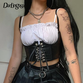 Darlingaga Streetwear Gotic Întuneric Piele PU Crop Top pentru Femei Cârlig Dantelă în Stil Punk Rezervor de Top Cummerbunds Topuri de Corset Pentru a Purta
