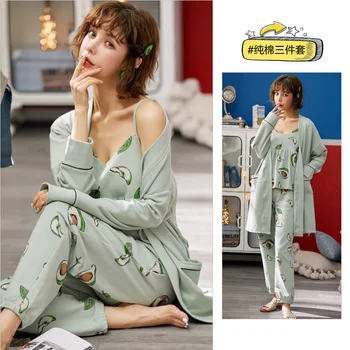 Avocado Imprimare Pijamale Femei Toamna din Bumbac cămașă de noapte Feminin Sling Cotton Serviciu Acasă 3 Costum Halat de baie cu Pad Piept