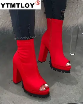 Nou Mid-cut Cizme de Moda Baotou tocuri inalte Cizme pentru Femei cu Tocuri Groase Femei Plus Dimensiune 35-43 Pantofi pentru Femei BlackRed