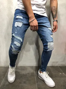 Noua Justin Bieber Streetwear hip hop Barbati Partea imprimare alb benzi Genunchi Gaură motociclist blugi skinny Stretch Denim pantaloni Joggers